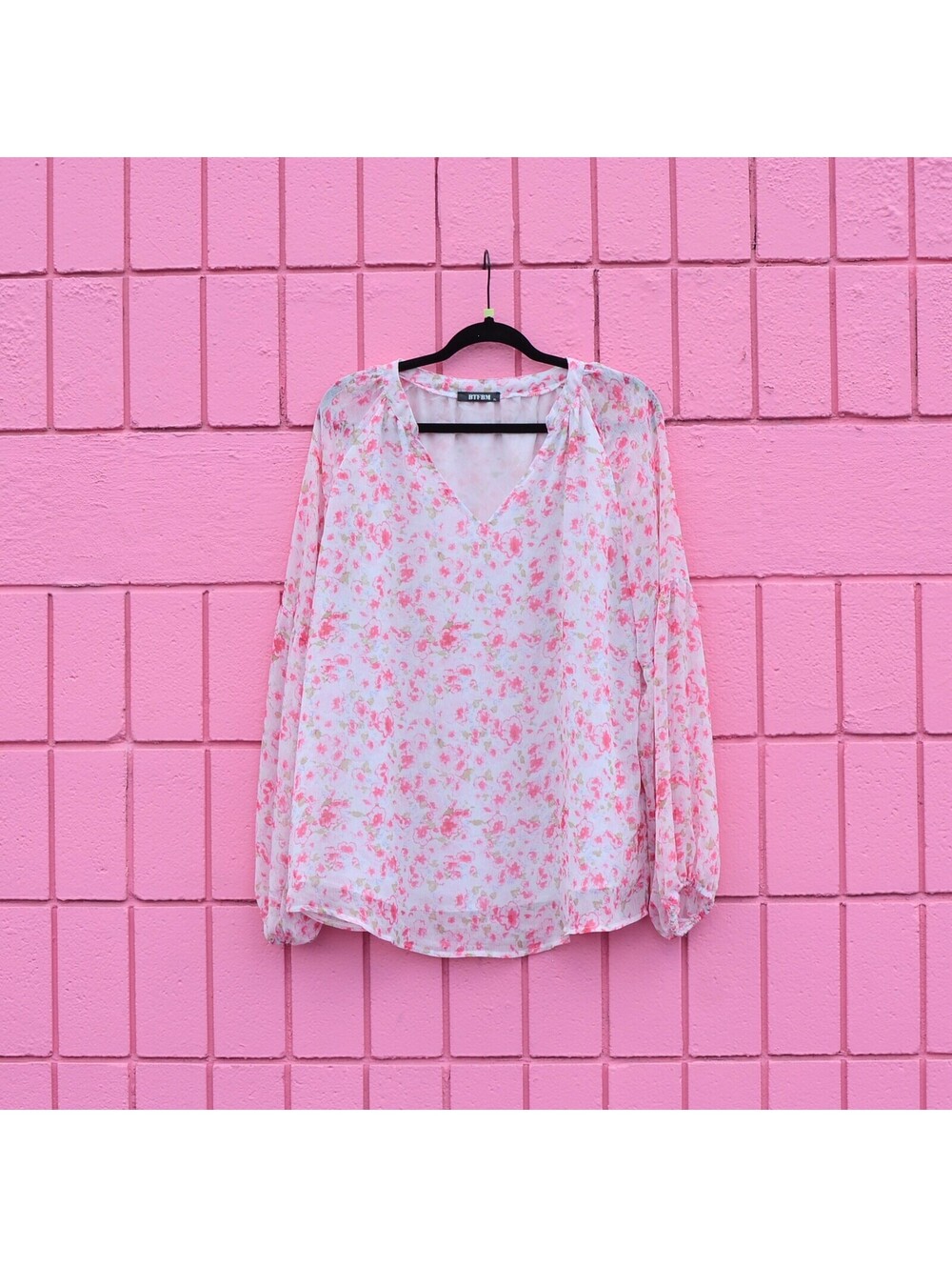#202 XL BTFBM White Pink Floral V Neck Blouse